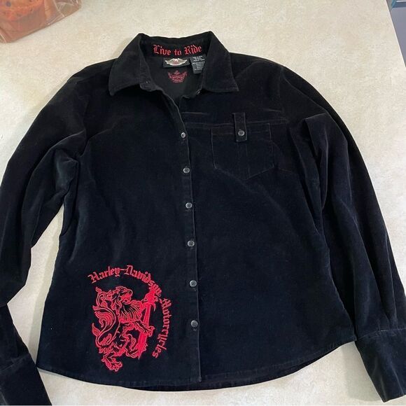 Harley Davidson Black corduroy button down top size Large L women’s long sleeve - Picture 1 of 3